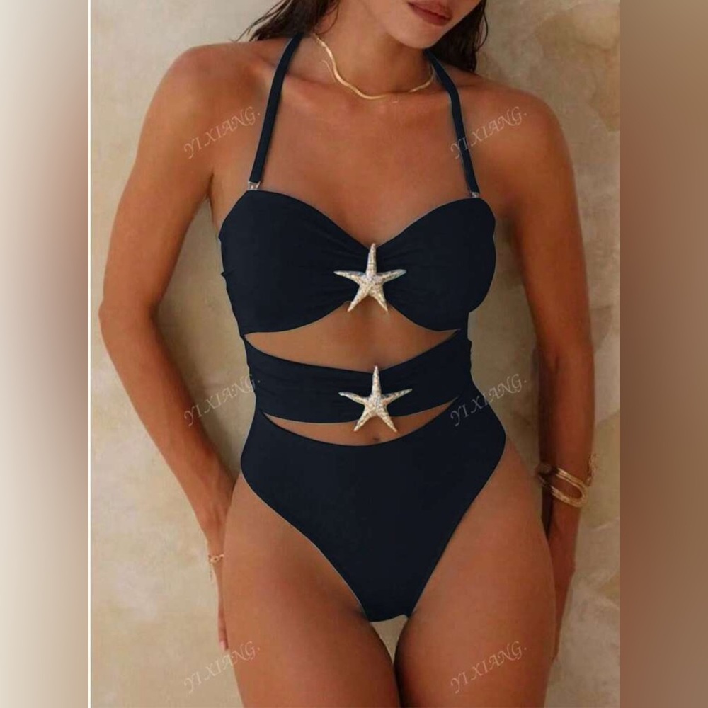 Black Cutout Swimsuit with Starfish Accents